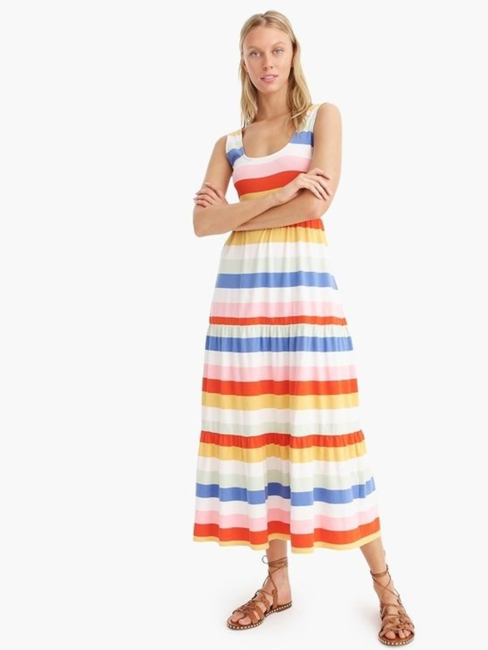 J.Crew Tiered Knit Maxi Dress Rainbow Wide Stripe Small Like New